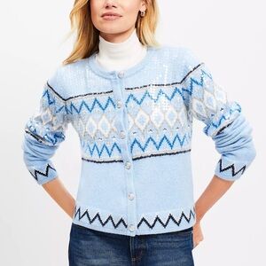 LOFT Sequin Fair Isle Sweater Jacket Light Blue size XS Cotton Blend